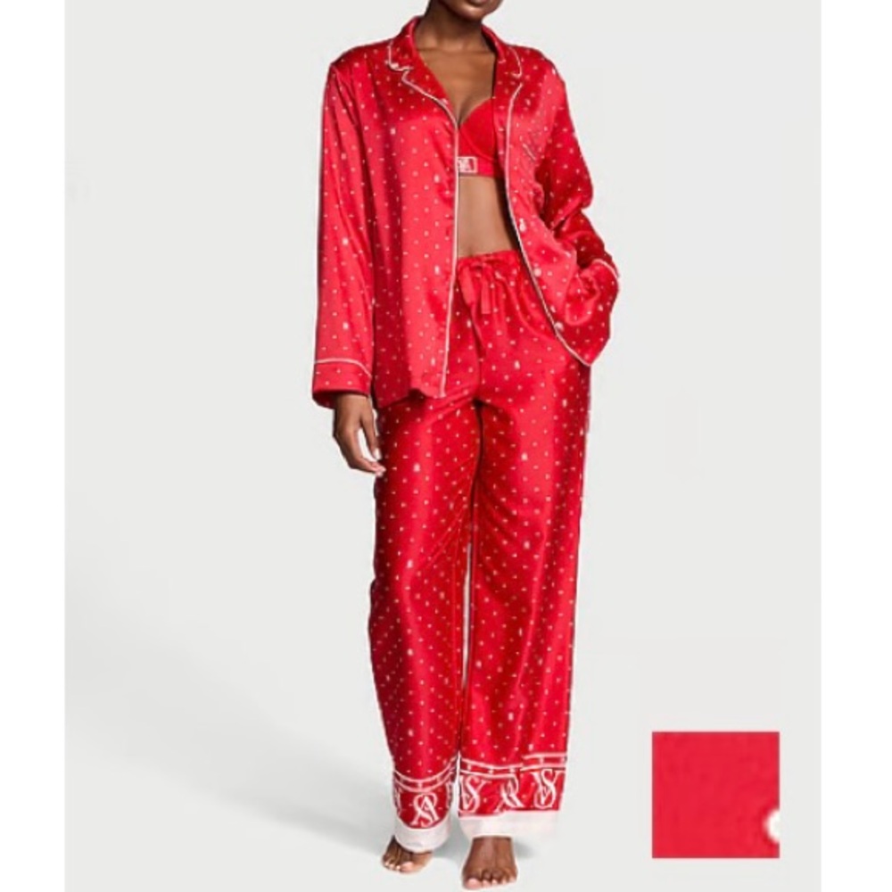 New Victoria's Secret Satin Pajama Set Lipstick Logo Pin Dot Red White Size XXL